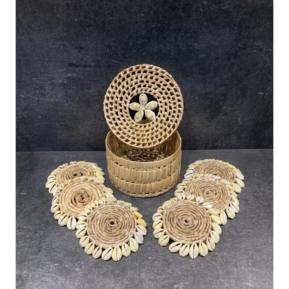 Coasters Seashells Woven Grass Basket W/lid Boho Coastal Beach Tiki Bar Set of 6
